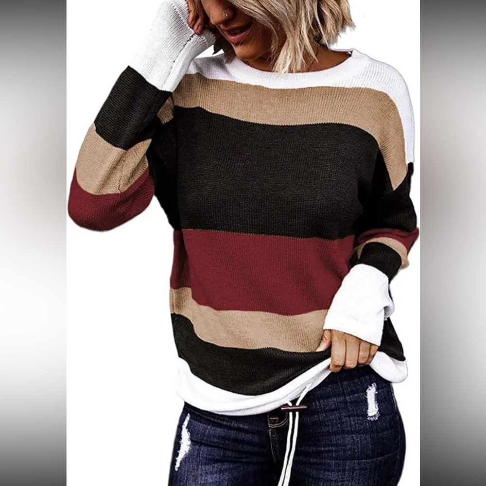 Paitluc Striped Sweater Womens Long Sleeve Drawstring Pullover Fall Winter Sz L